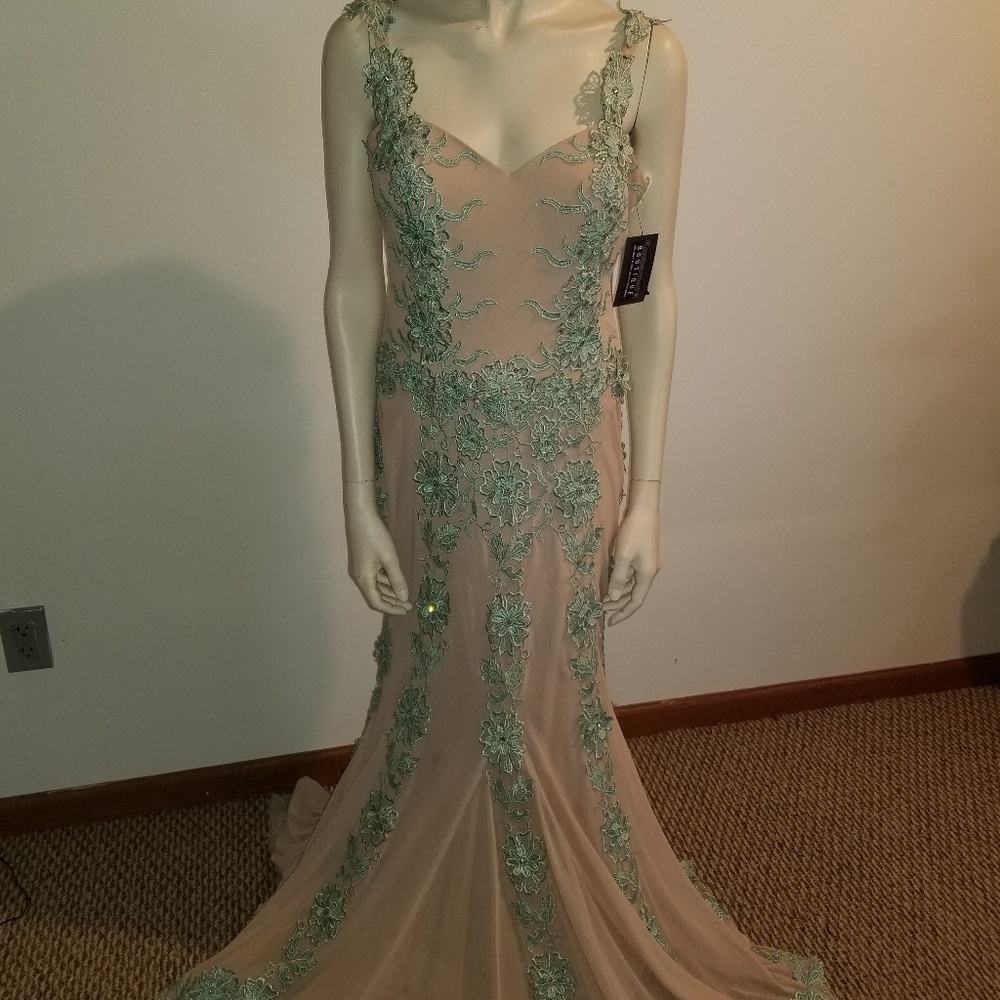 Long nude dress with teal crochet lace size 10